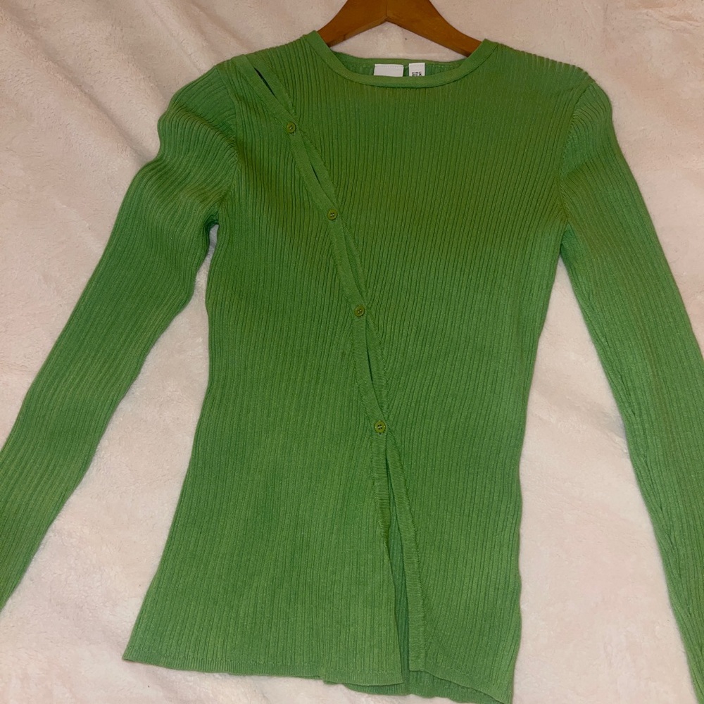 Knitted Ribbed Asymmetric Cardigan in Bright Green - Picture 4 of 6